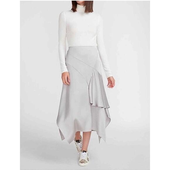 Express High Waist Satin Ruffle Asymmetrical Midi Slip Skirt Silver Size XL - Picture 1 of 10